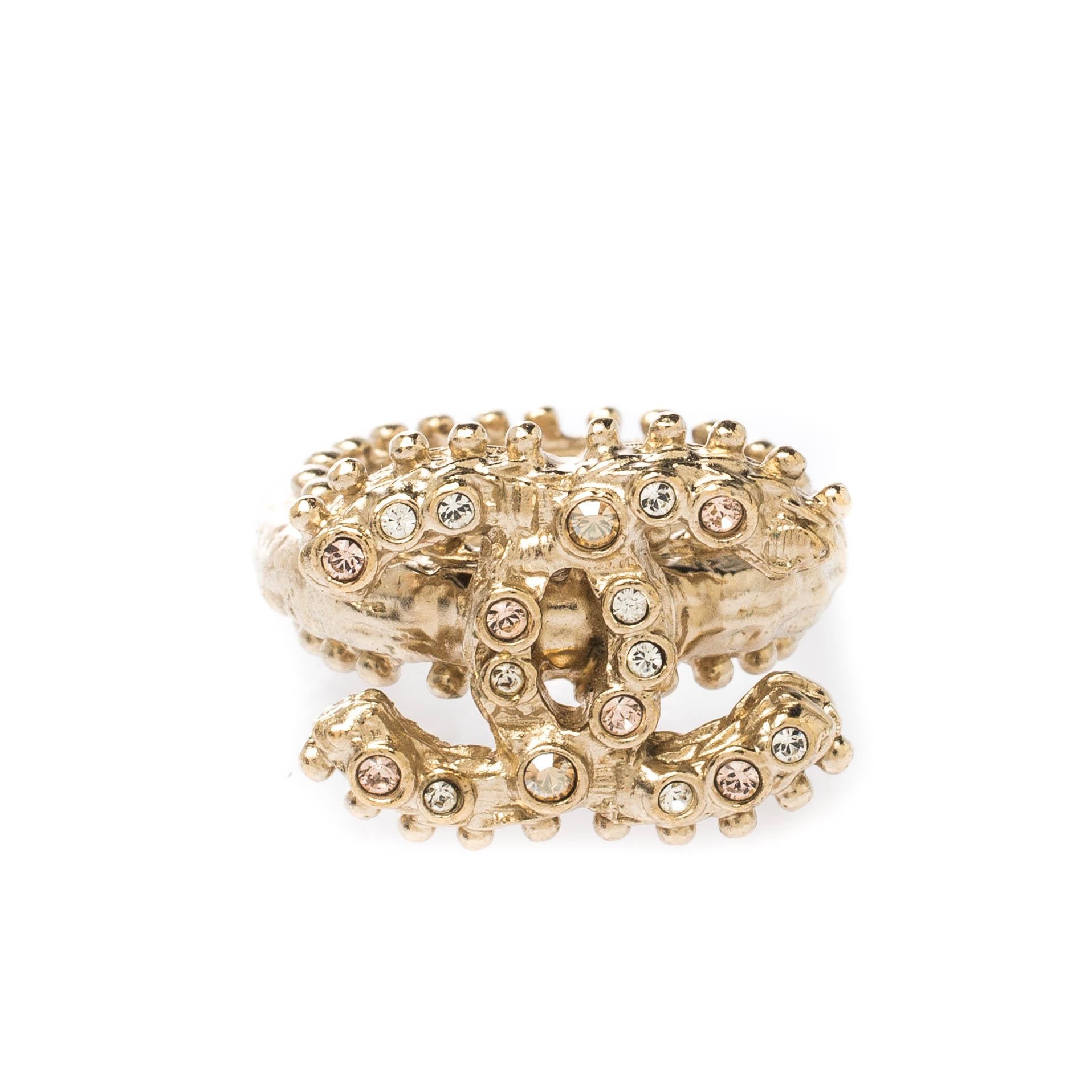 Contemporary Chanel CC Crystal Gold Tone Ring Size 55