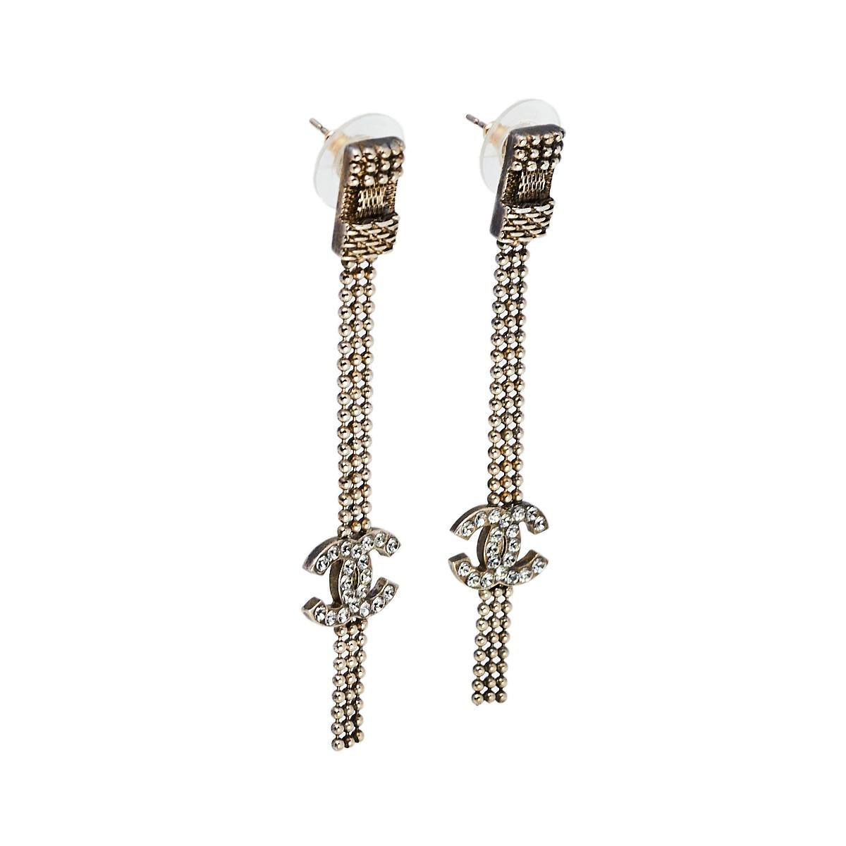 Contemporary Chanel CC Crystal Gold Tone Tassel Earrings