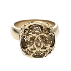 Chanel CC Crystal Open Work Gold Tone Cocktail Ring Size 52