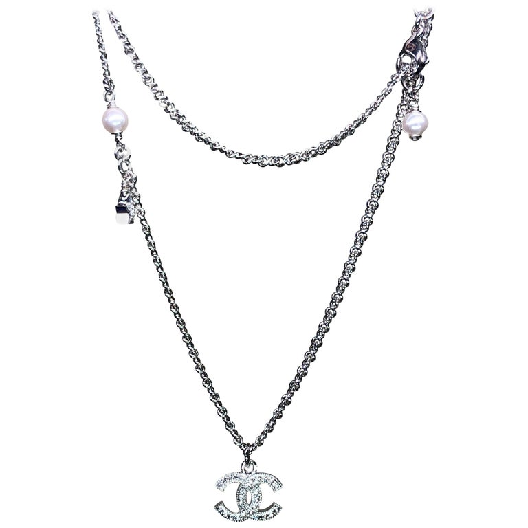 Chanel CC Crystal Silver Tone Pendant Necklace Chanel