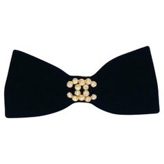 Retro Chanel CC Crystal Rhinestone Embellished Velvet Bow Brooch