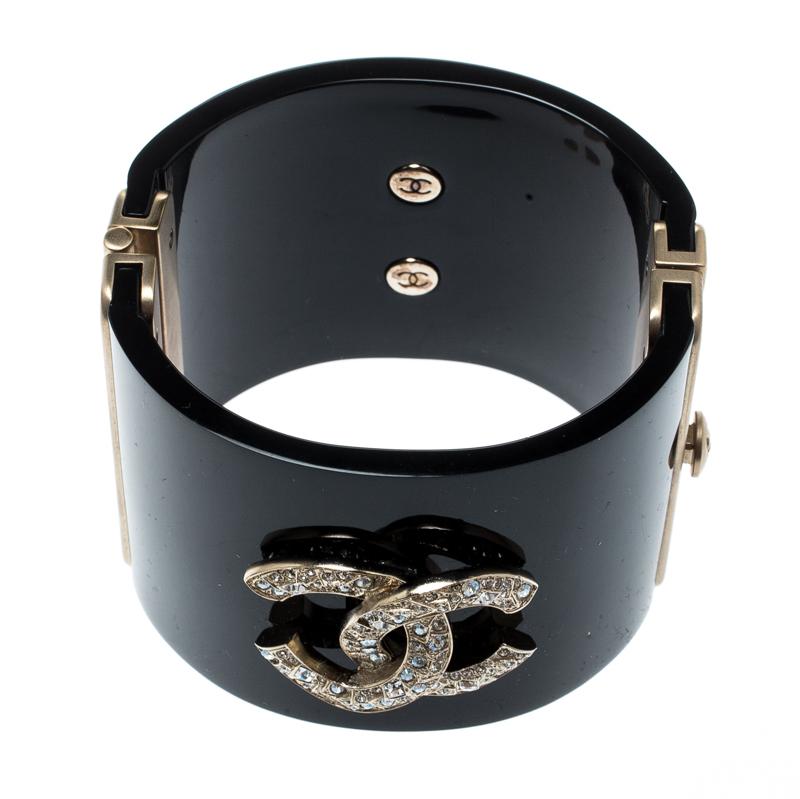 Contemporary Chanel CC Crystal Studded Black Gold Tone Wide Cuff Bracelet