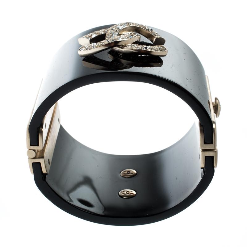 Uncut Chanel CC Crystal Studded Black Gold Tone Wide Cuff Bracelet
