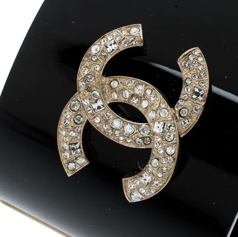 Women's Chanel CC Crystal Studded Black Gold Tone Wide Cuff Bracelet