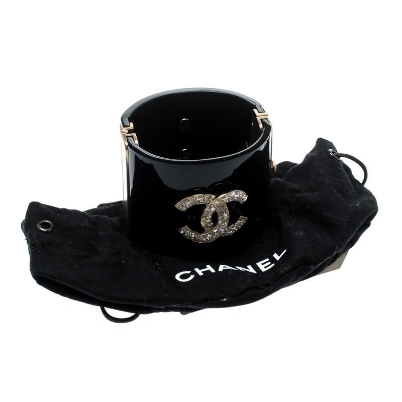 Chanel CC Crystal Studded Black Gold Tone Wide Cuff Bracelet 1