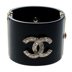 Chanel CC Crystal Studded Black Gold Tone Wide Cuff Bracelet