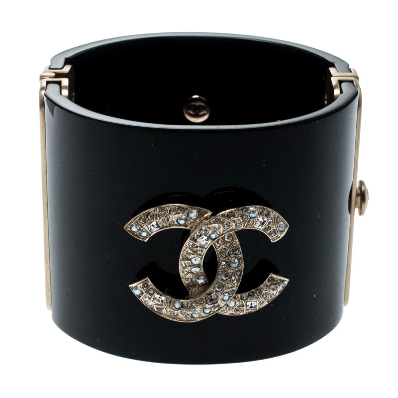 Chanel CC Crystal Studded Black Gold Tone Wide Cuff Bracelet For