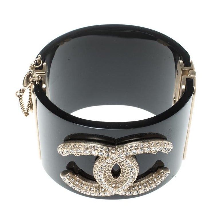 Chanel CC Crystal Studded Black Resin Hinged Wide Cuff Bracelet at 1stDibs
