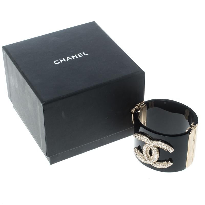 Chanel CC Crystal Studded Black Resin Hinged Wide Cuff Bracelet