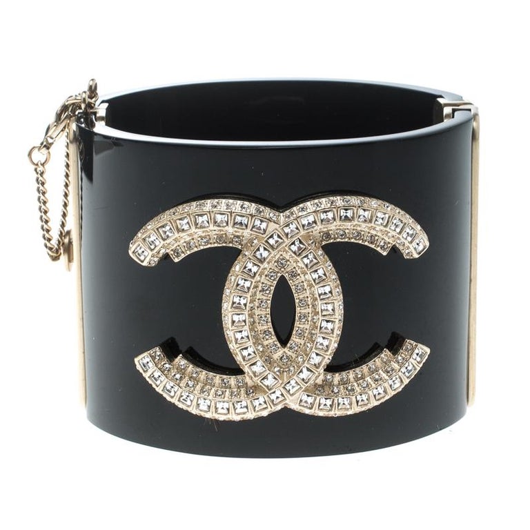 Chanel CC Crystal Studded Black Resin Hinged Wide Cuff Bracelet at 1stDibs