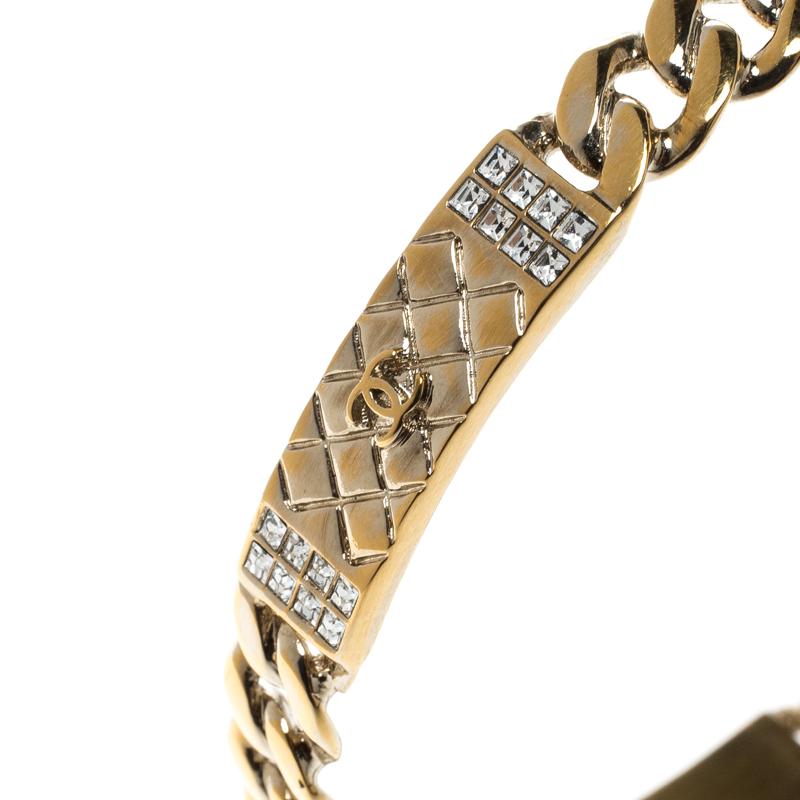 Chanel CC Crystal Textured Chain Link Gold Tone Bangle Bracelet 2