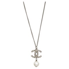 Chanel CC Crystals Faux Pearl Silver Tone Necklace
