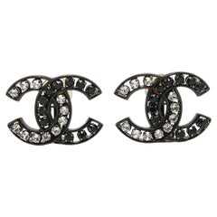 Chanel CC Crystals Gunmetal Tone Clip On Earrings