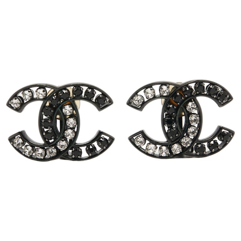 Chanel CC Crystals Gunmetal Tone Clip On Earrings For Sale at 1stDibs