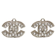 Chanel CC Crystals Silver Tone Clip On Earrings