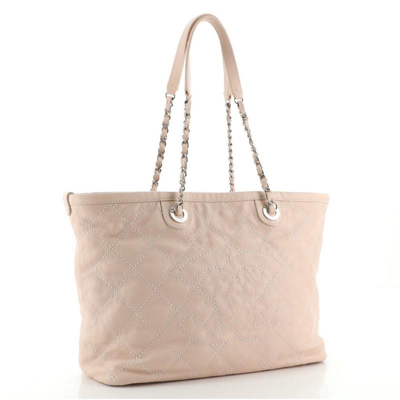 Beige Chanel CC Daily Shopping Tote Quilted Caviar Small