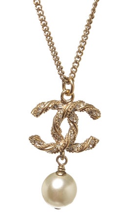 Chanel CC Dangle Pearl Pendant Gold-tone Necklace