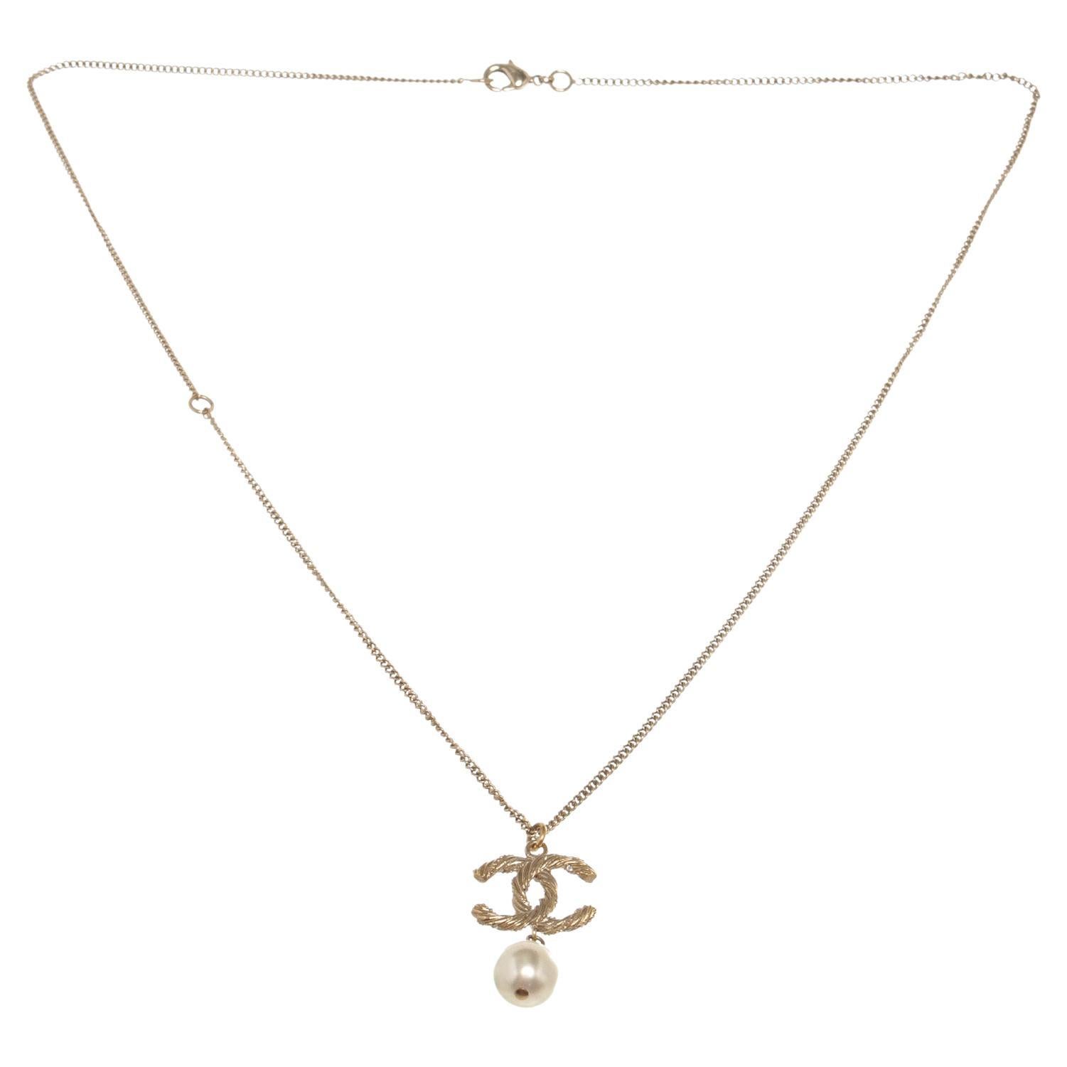 Chanel CC Dangle Pearl Pendant Gold-tone Necklace