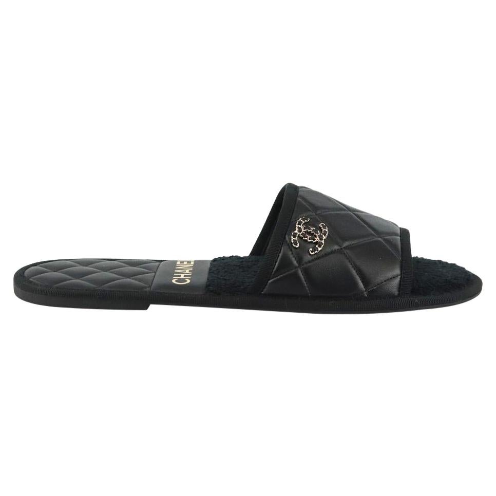 Chanel CC Detailed Quilted Leather & Terry Cloth Slippers