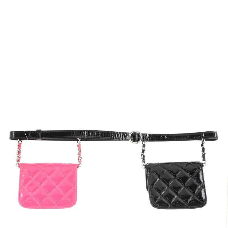 Black Chanel CC Double Chain Waist Bag Quilted Patent Mini