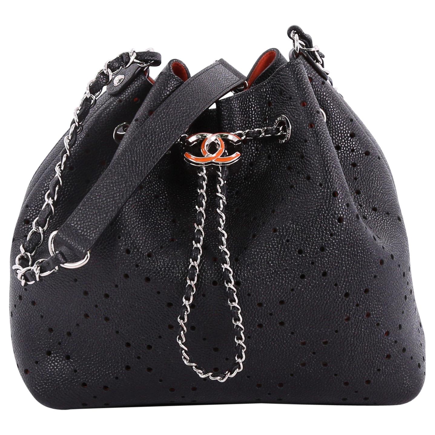 Chanel Black See Through Perforated Leather Bucket Bag w Quilted Drawstring