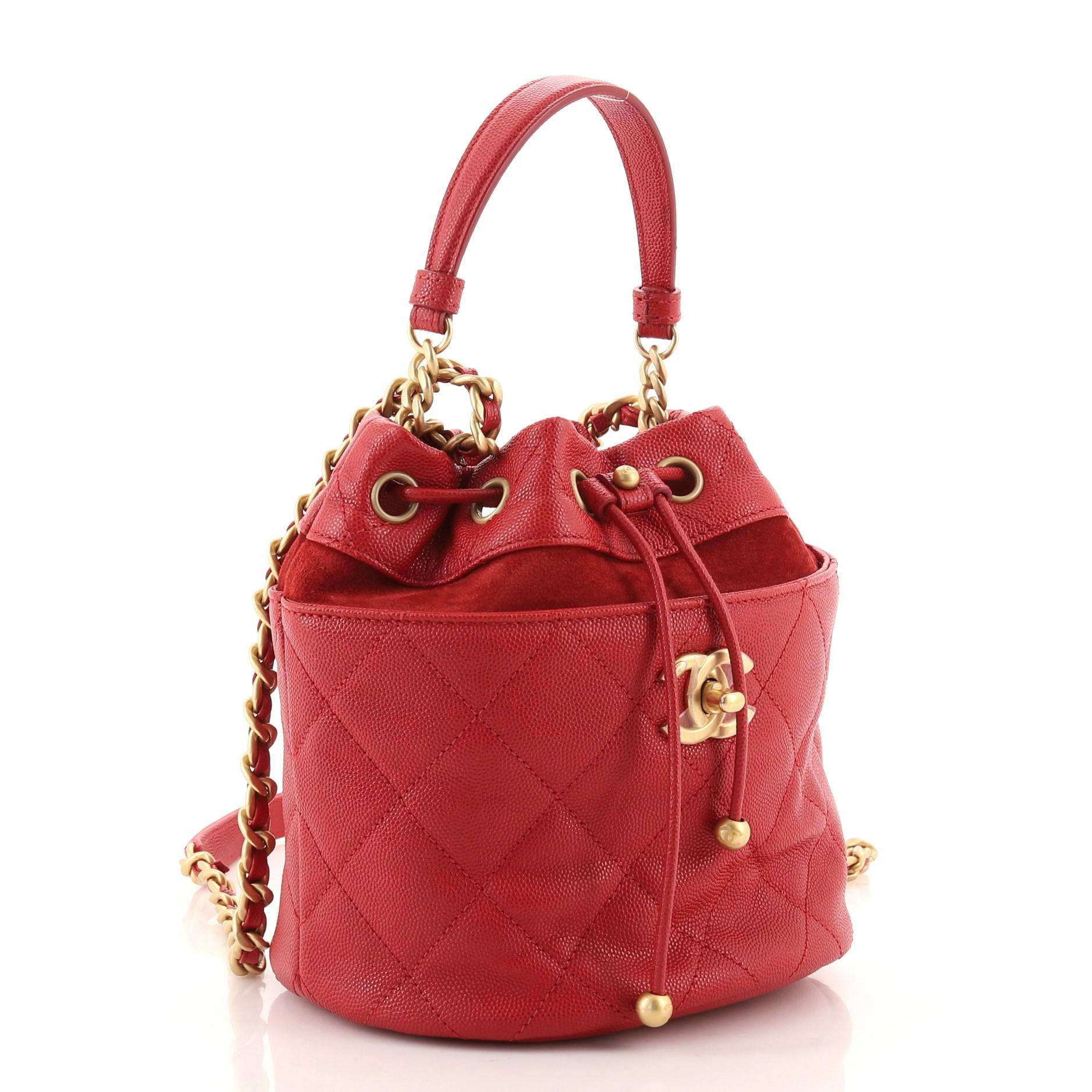 Red Chanel CC Drawstring Bucket Bag Quilted Caviar with Suede Small