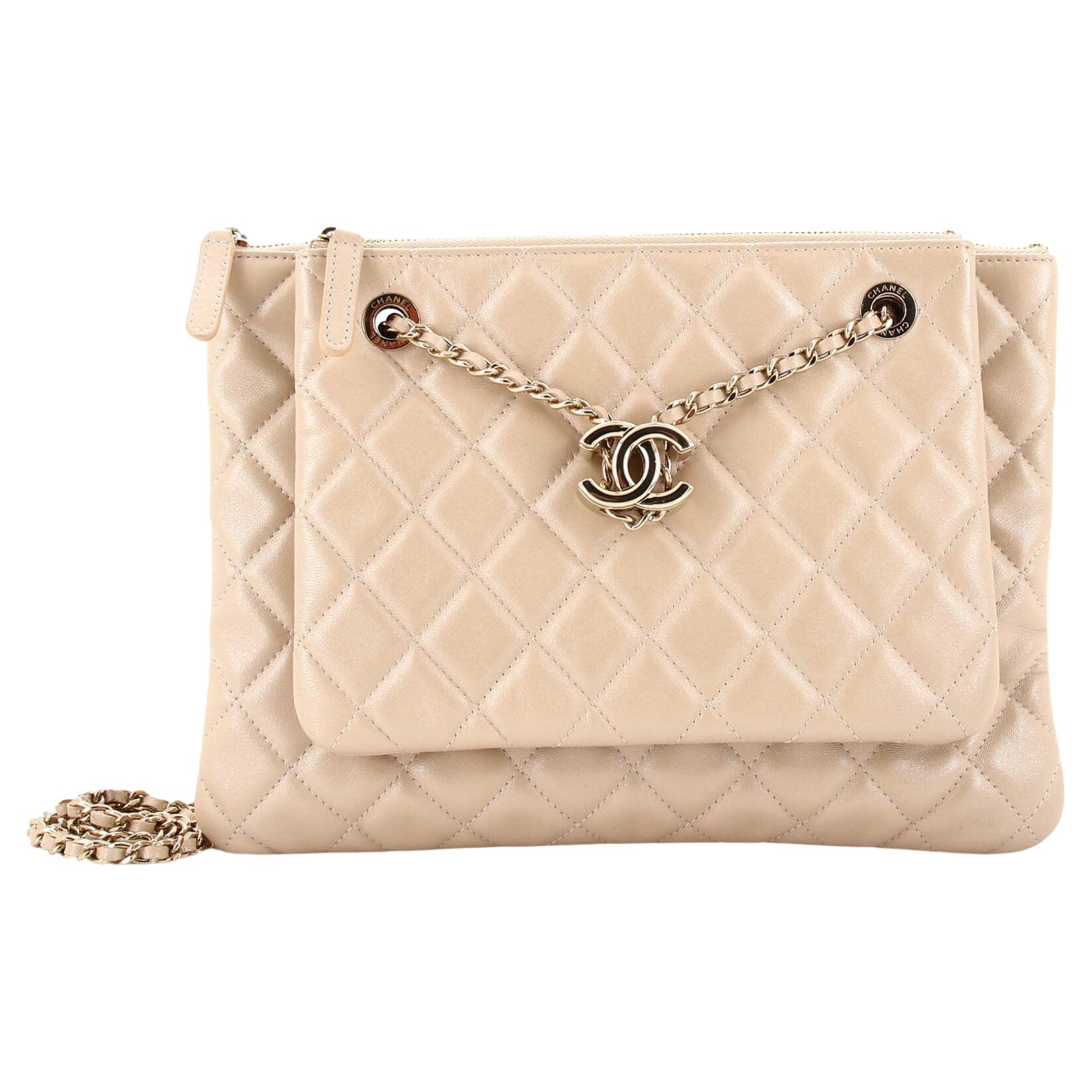 Chanel CC Drawstring Double Zip Crossbody Pouch Quilted Lambskin