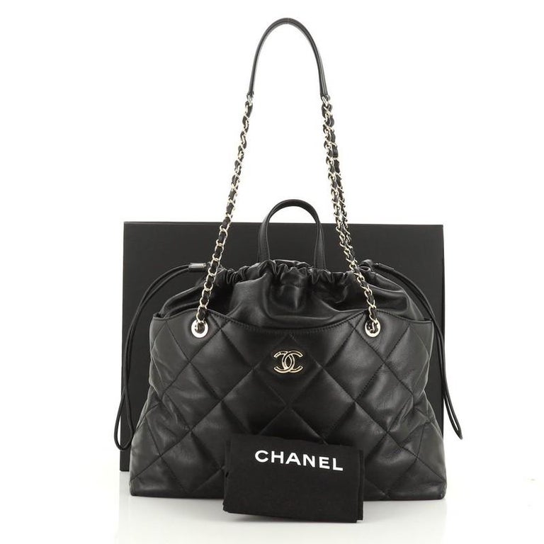 Chanel Black Checkered Leather Shoulder Bag Shopper Tote For Sale