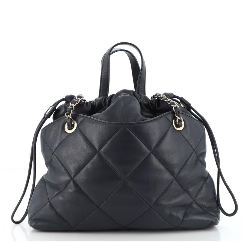 Black Chanel CC Drawstring Shopping Tote Quilted Lambskin Large