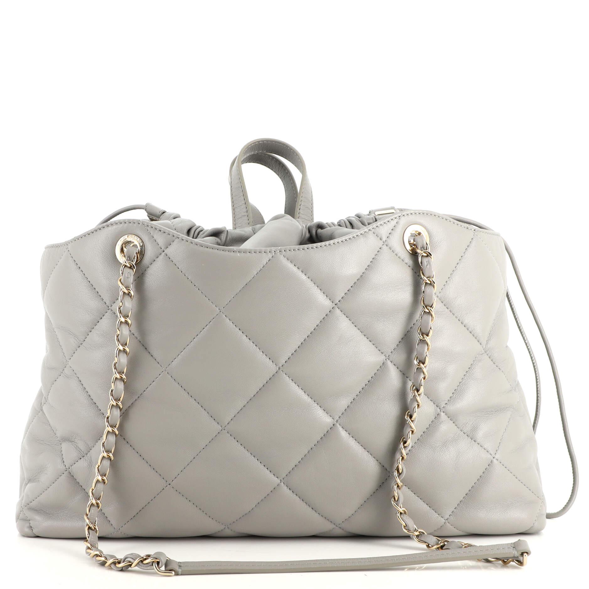 Chanel CC Drawstring Shopping Tote Quilted Lambskin Large In Good Condition In NY, NY