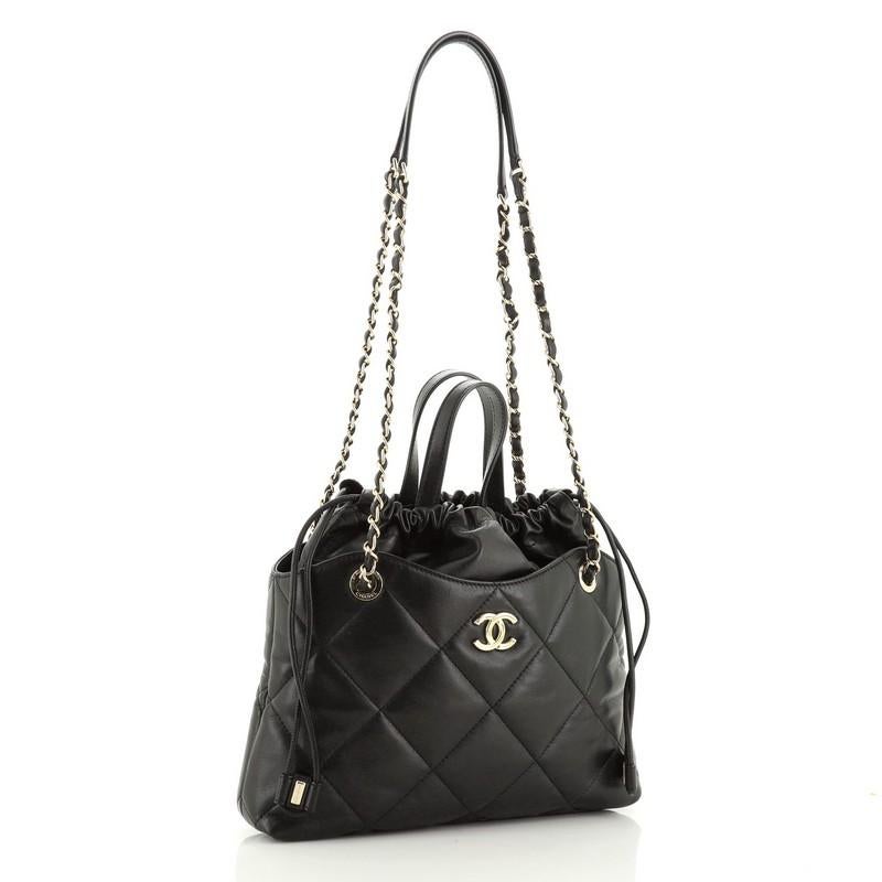 Black Chanel CC Drawstring Shopping Tote Quilted Lambskin Small