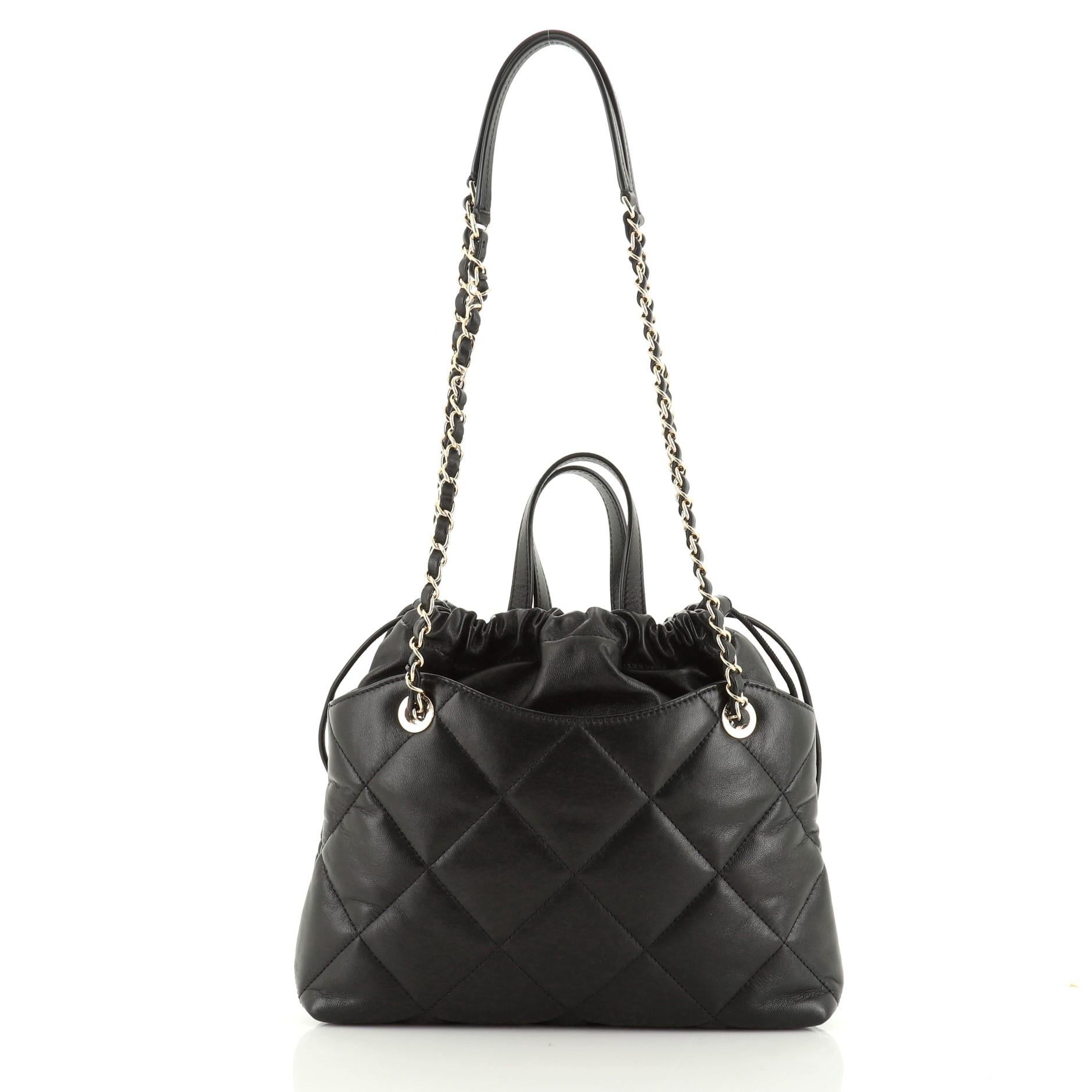 Chanel CC Drawstring Shopping Tote Quilted Lambskin Small In Good Condition In NY, NY