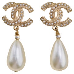 Chanel CC Drop Gold Metal Faux Pearl Earrings