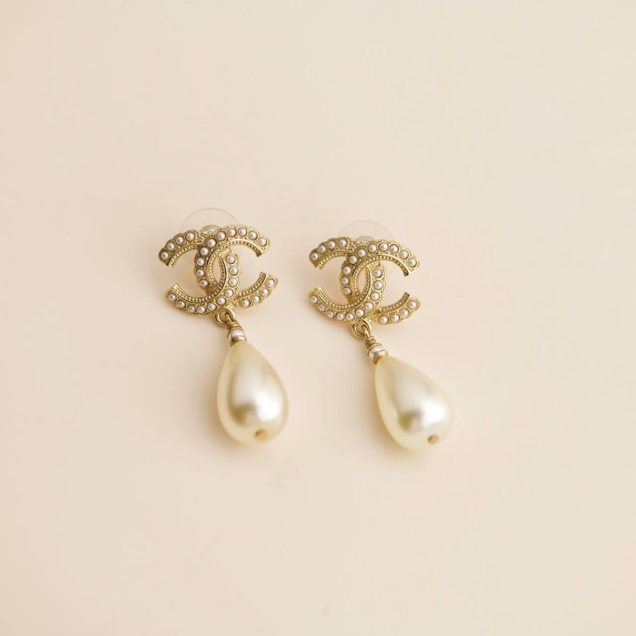 Chanel CC Drop Gold Metal Pearl Earrings 1