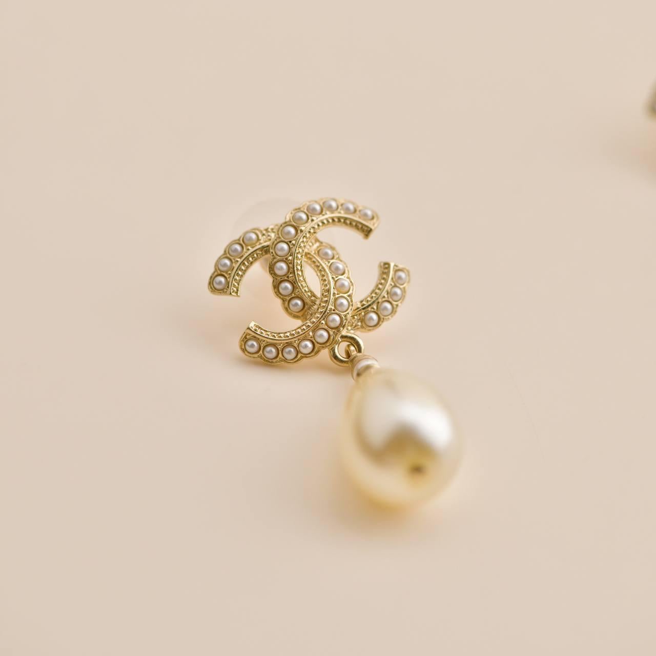 Chanel CC Drop Gold Metal Pearl Earrings 2