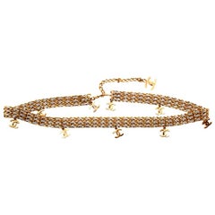 Chanel CC Drop Gold Tone Chain & Silver Leather Woven Belt