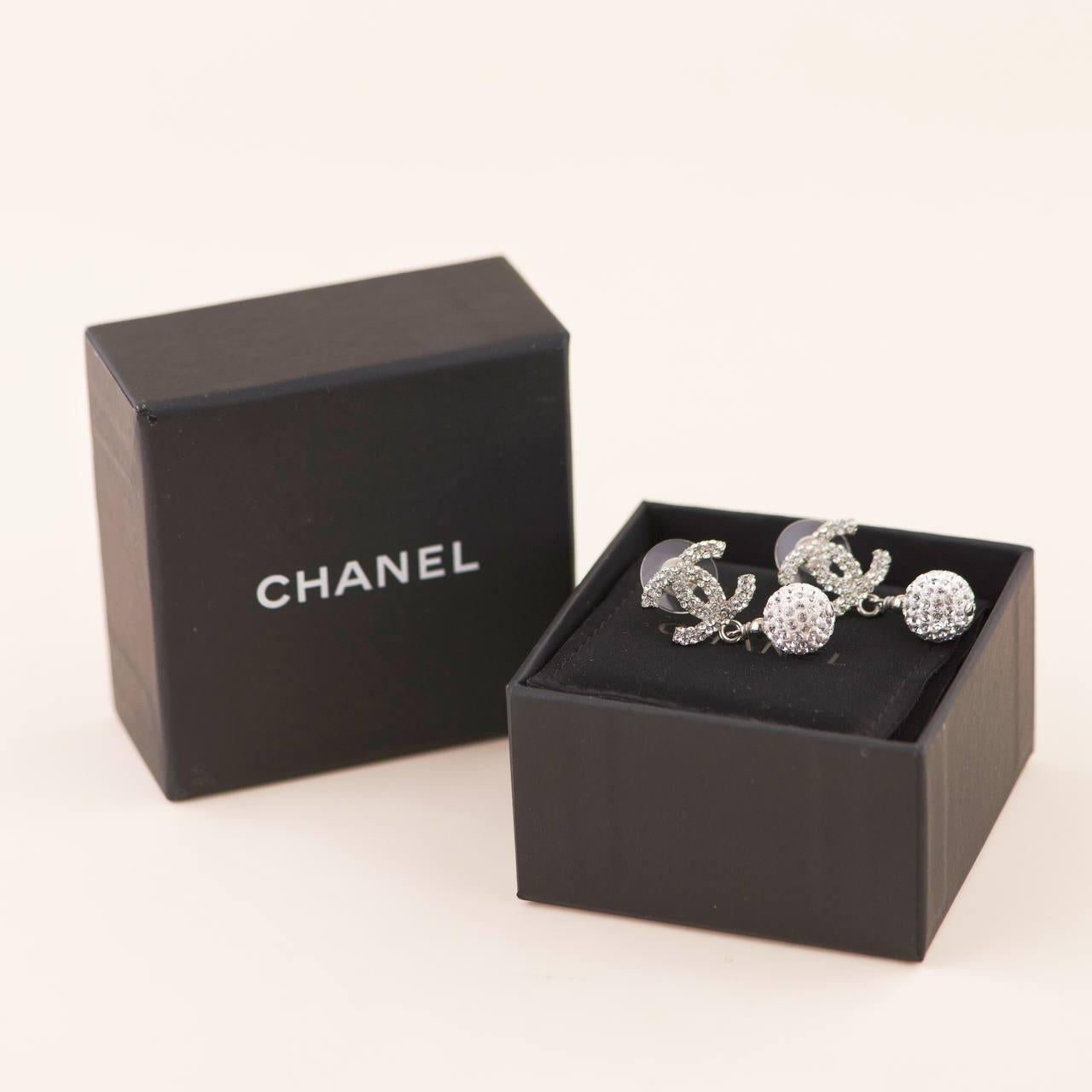 Brilliant Cut Chanel CC Drop Silver Crystal Metal Earrings For Sale