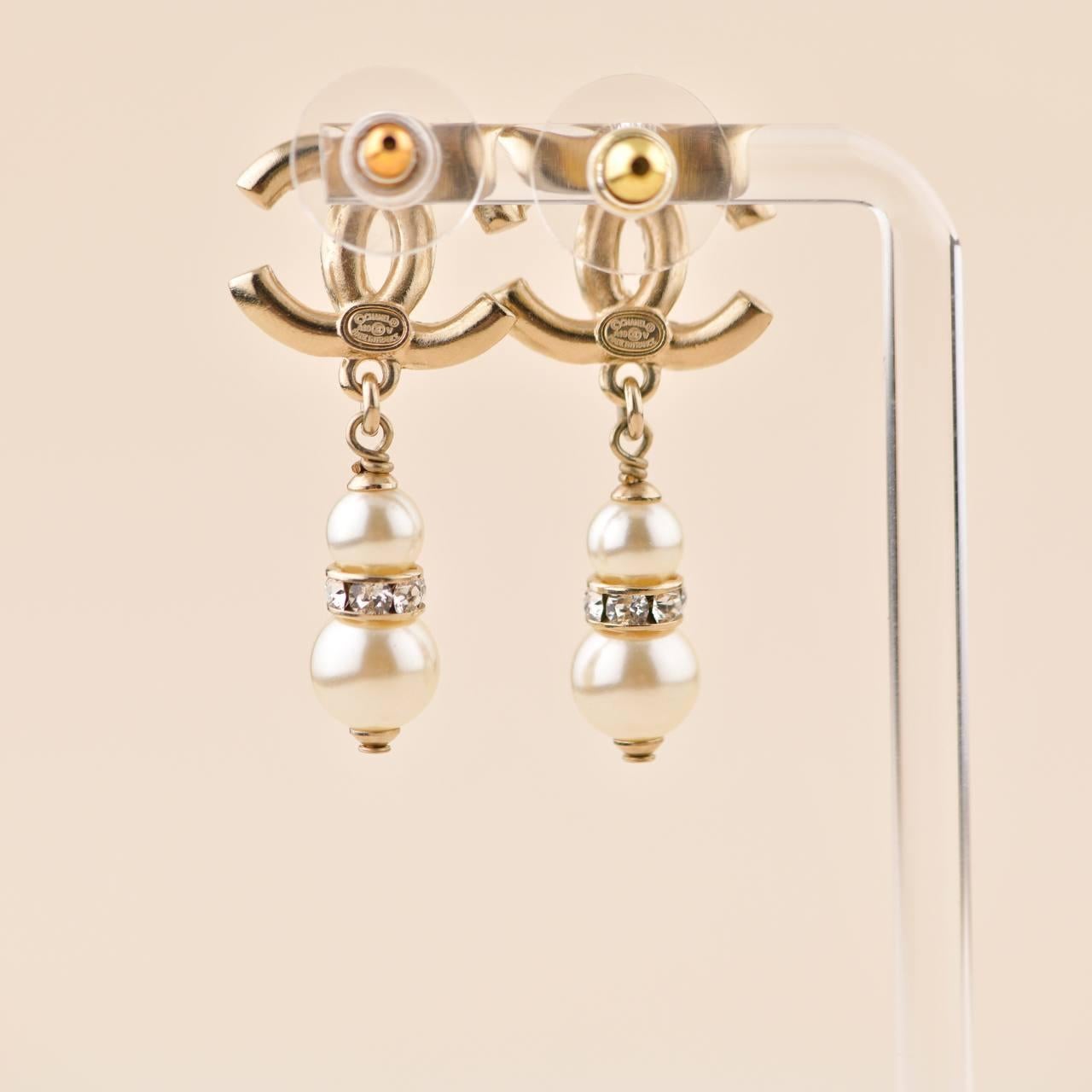 Brilliant Cut Chanel CC Drop Silver Crystal Metal Earrings