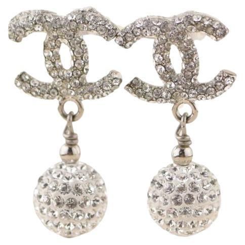Chanel CC Drop Silver Crystal Metal Earrings