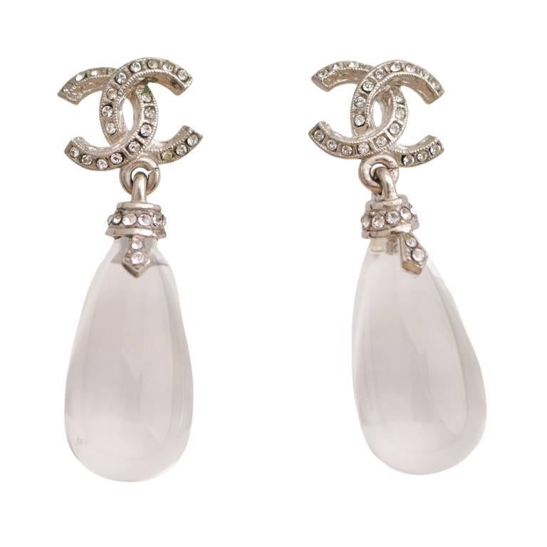 Chanel CC Drop Silver Metal Earrings