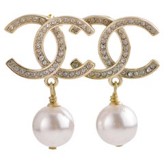 Chanel CC Drop Silver Metal Pearl Earrings