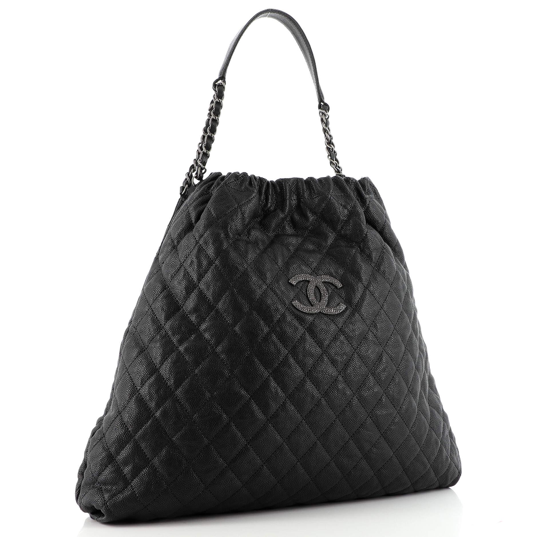 Black Chanel CC Elastic Shoulder Bag Quilted Caviar Large