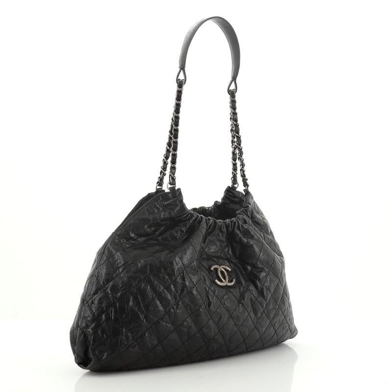 Black Chanel CC Elastic Shoulder Bag Quilted Glazed Caviar Small