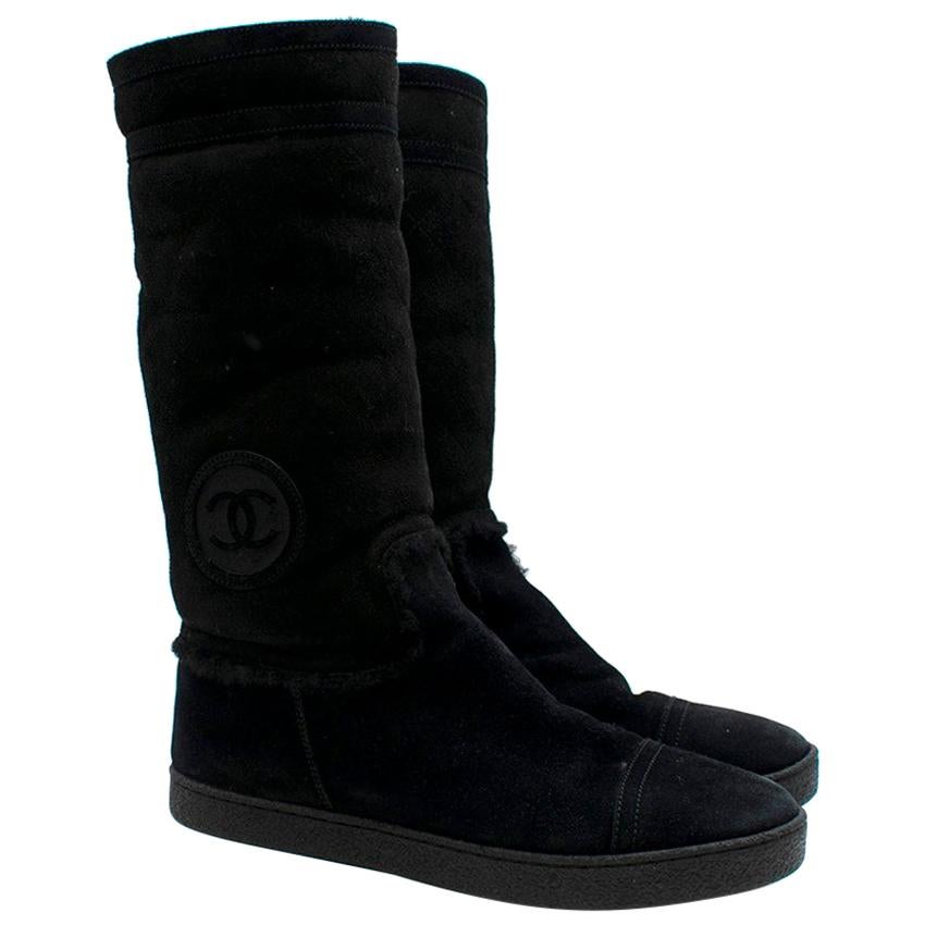 Chanel CC Embroidered Suede Shearling Lined Boots 40.5