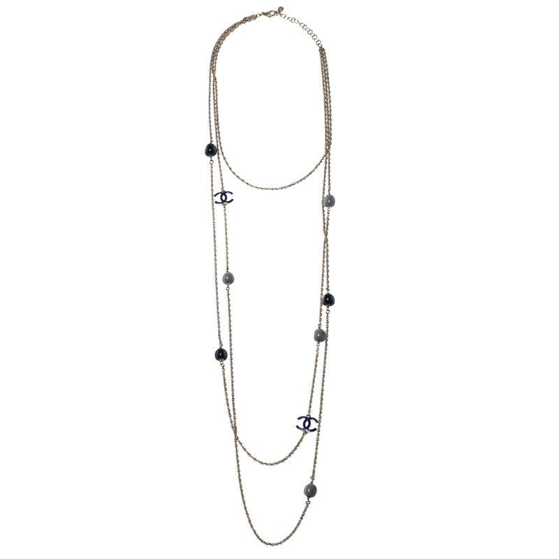 Contemporary Chanel CC Enamel Bead Long Multi Layered Chain Link Station Necklace