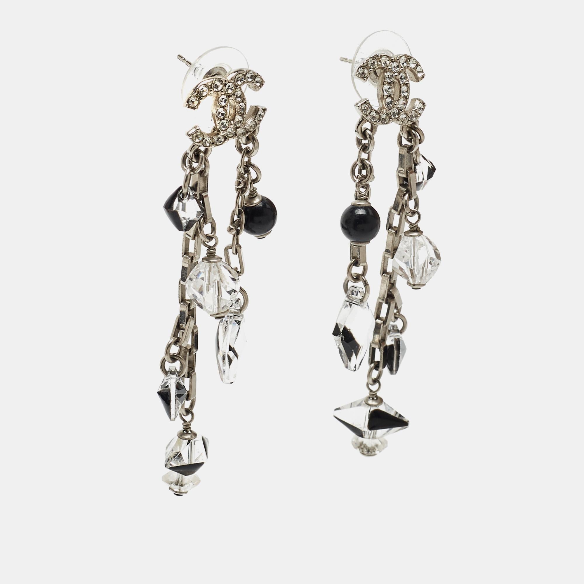 Contemporary Chanel CC Enamel Crystals Faux Pearl Silver Tone Metal Drop earrings