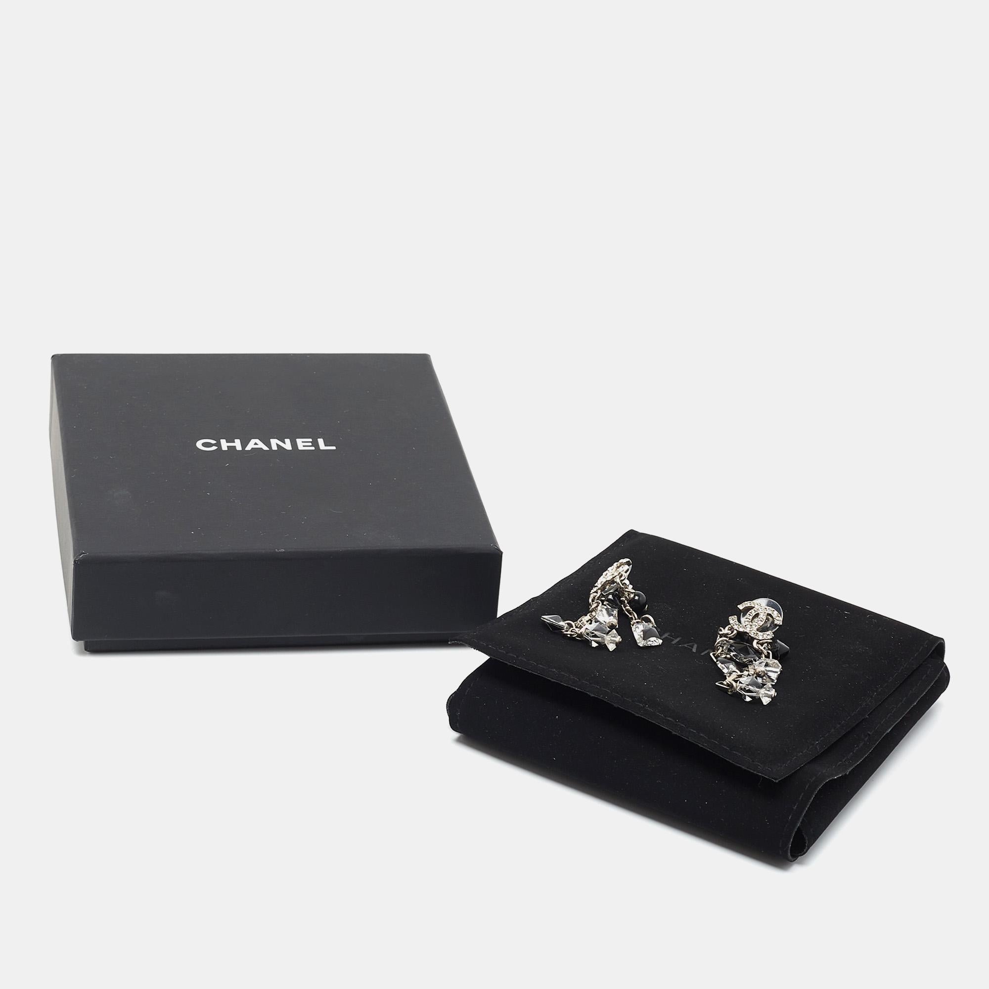 Women's Chanel CC Enamel Crystals Faux Pearl Silver Tone Metal Drop earrings