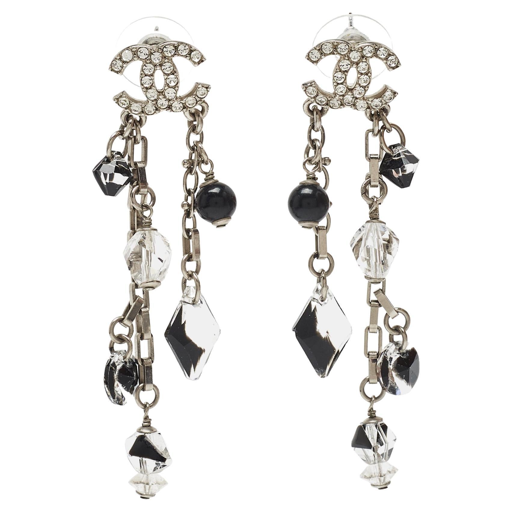 Chanel CC Enamel Crystals Faux Pearl Silver Tone Metal Drop earrings
