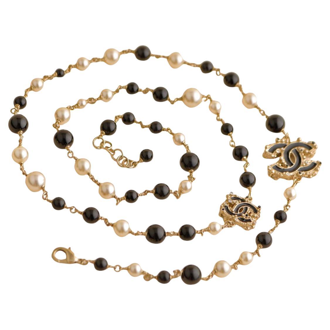 Chanel CC Enamel Faux Pearl & Black Beads Baroque Sautoir Necklace