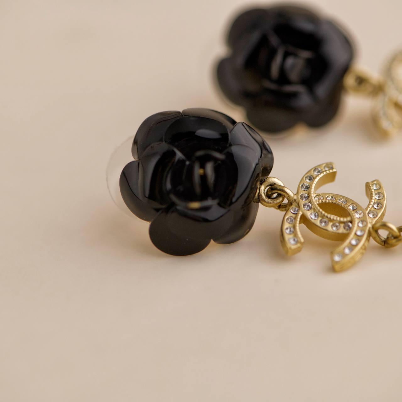 Chanel CC Enamel Faux Pearl Black Camellia Drop Pendant Earrings 1